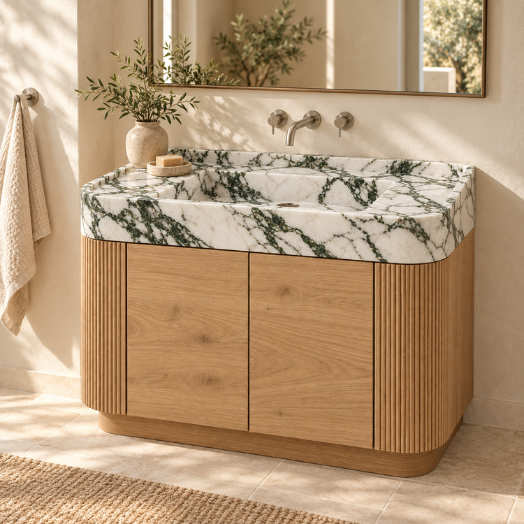 Calacatta Green Integrated Marble Sink with Curved Oak Vanity, styled bathroom view, design rendering