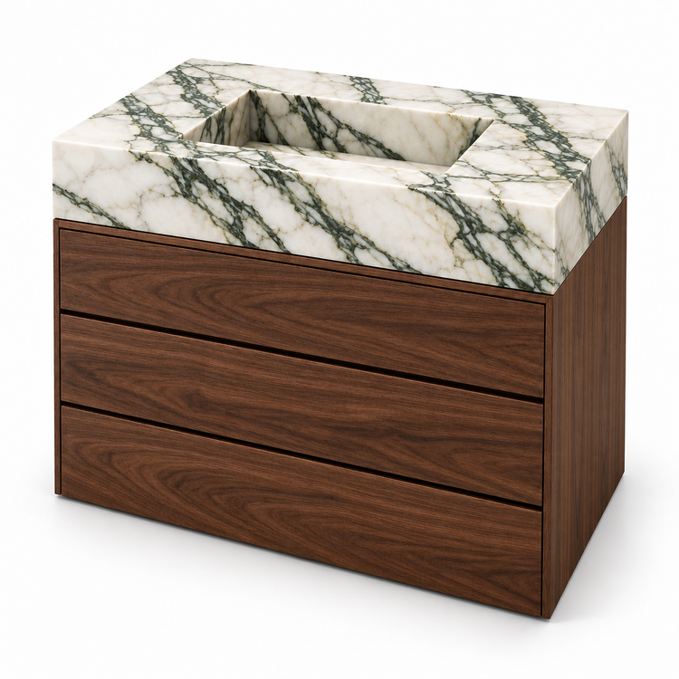 Calacatta Green Integrated Marble Sink with Three-Drawer Dark Walnut Vanity, three-quarter view on white, design rendering