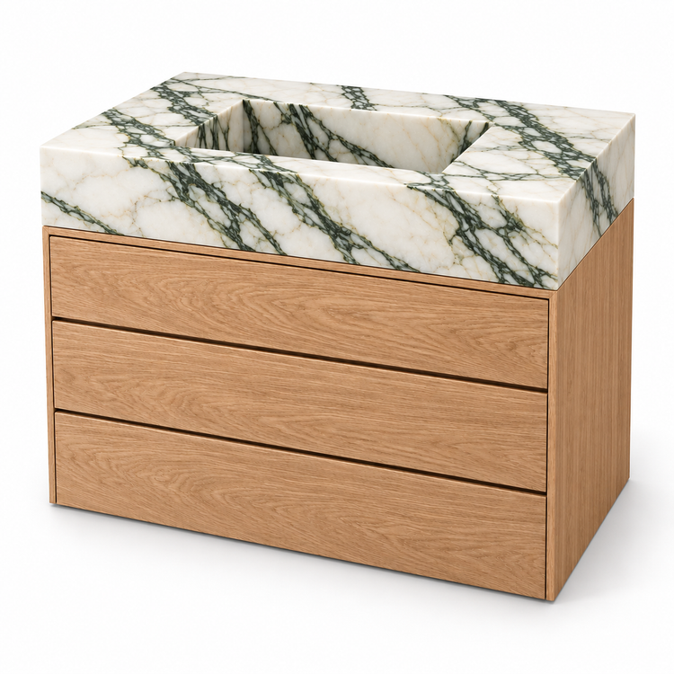 Calacatta Green Integrated Marble Sink with Three-Drawer Oak Vanity, three-quarter view on white, design rendering