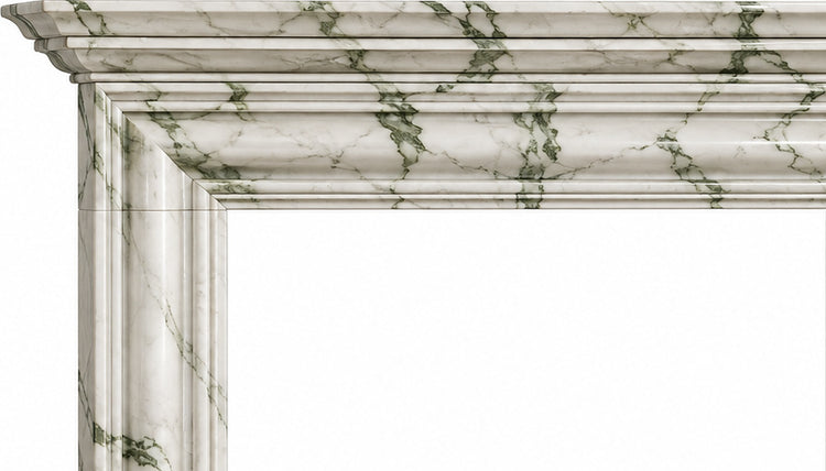Calacatta Green Layered Cornice Bolection Marble Fireplace Surround - upper mantel and carved profile detail