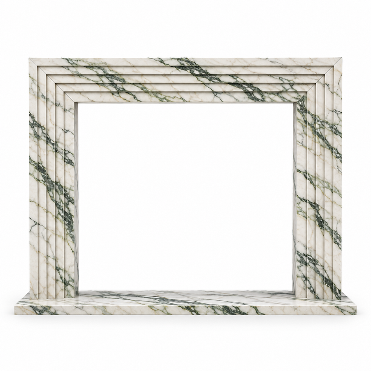 Calacatta Green Linear Stepped Marble Fireplace Surround with Hearth on white background