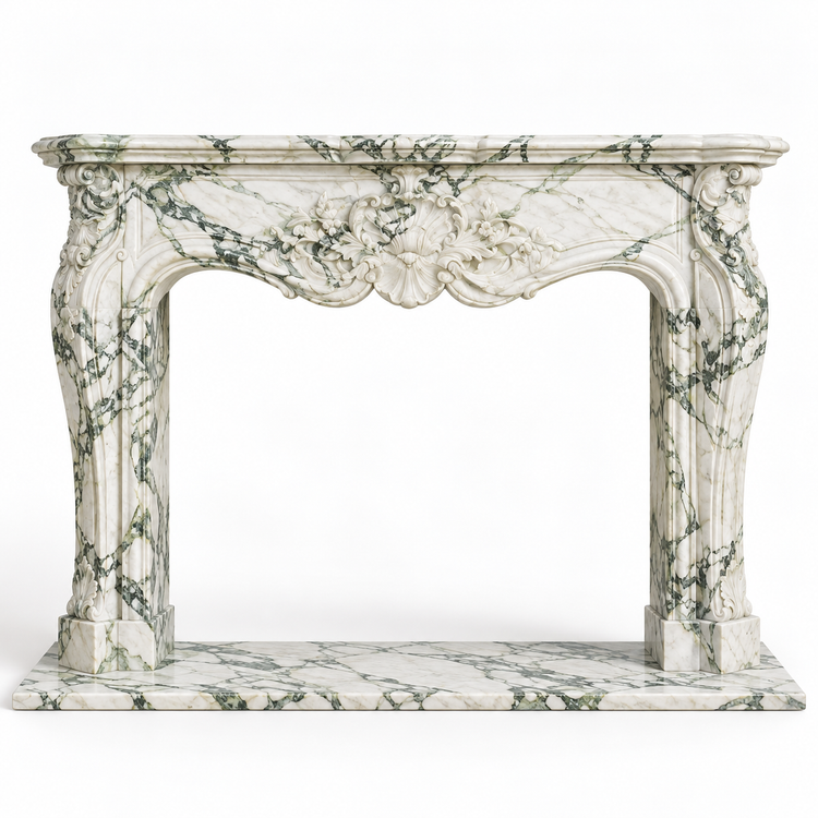 Calacatta Green Louis XV Carved Marble Fireplace Mantel with Hearth on white background