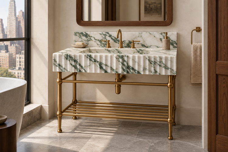 Calacatta Green Marble Fluted Console Sink with Backsplash and Metal Legs and Rack Shelf, installed room hero, lifestyle design rendering