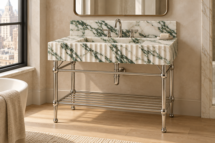 Calacatta Green Marble Fluted Console Sink with Backsplash and Nickel Legs, installed room hero, lifestyle design rendering