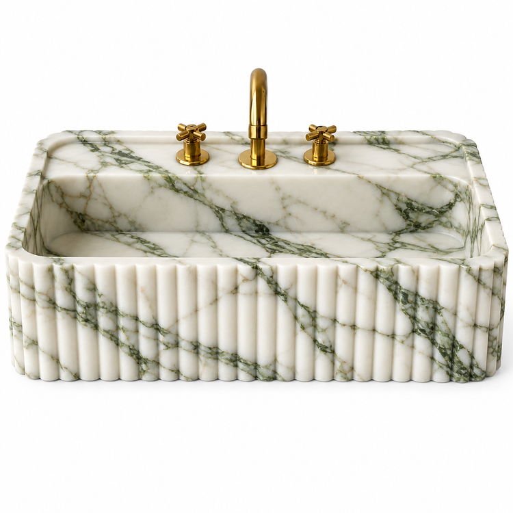 Calacatta Green Marble rounded fluted bathroom sink, illustrative rendering