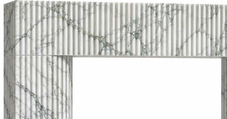 Calacatta Green Sculptural Reeded Marble Fireplace Surround - upper mantel and carved profile detail
