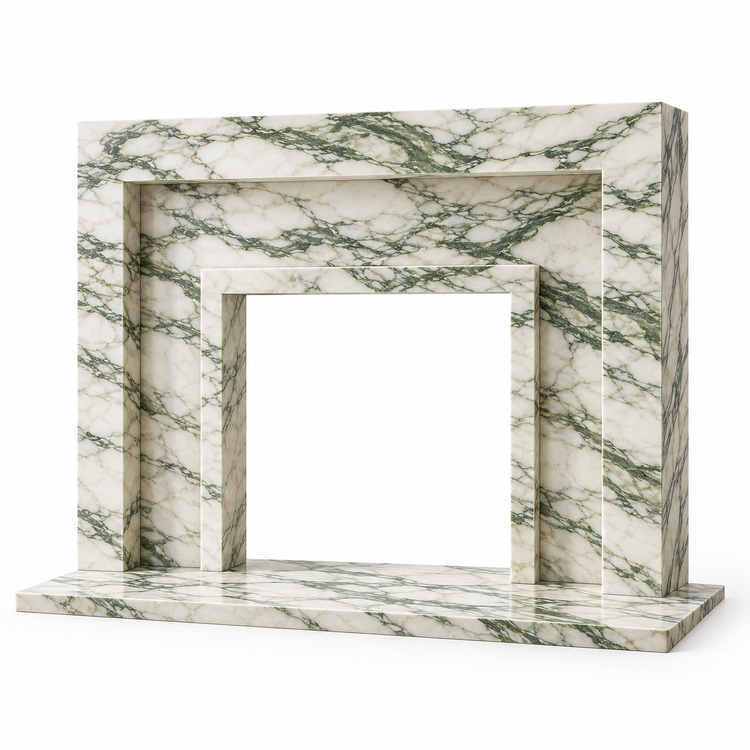 Calacatta Green Stepped Portal Marble Fireplace Surround with Hearth on white background