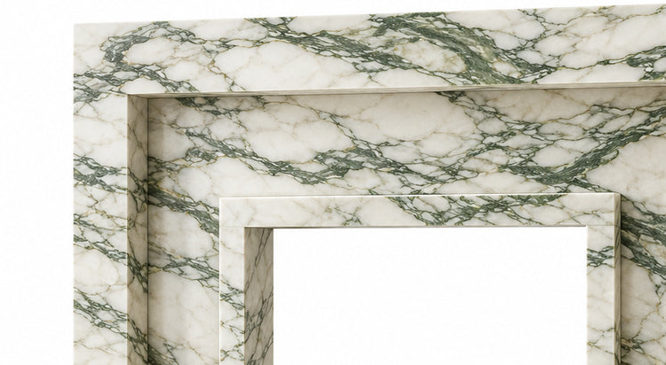 Calacatta Green Stepped Portal Marble Fireplace Surround with Hearth - upper mantel and carved profile detail
