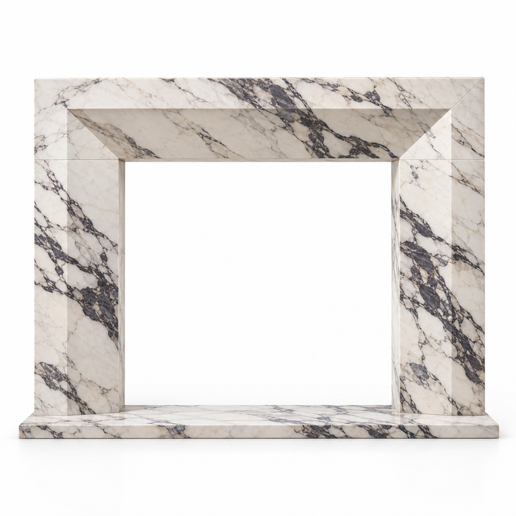 Calacatta Viola Chamfered Frame Marble Fireplace Surround with Hearth on white background