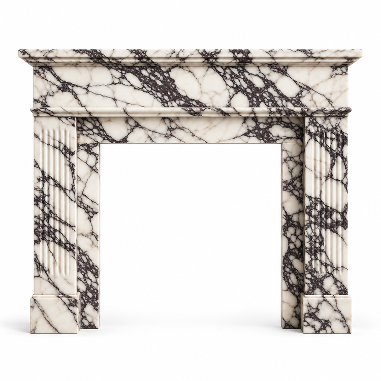 Calacatta Viola Classic Fluted Marble Fireplace Mantel on white background
