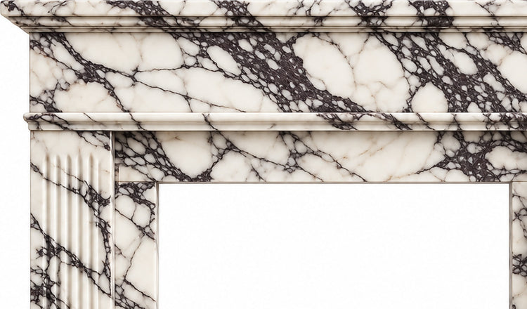 Calacatta Viola Classic Fluted Marble Fireplace Mantel - upper mantel and carved profile detail