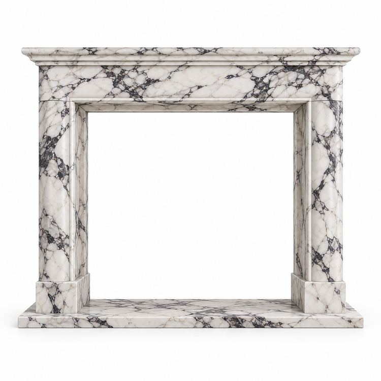 Calacatta Viola Classic Shelf Bolection Marble Fireplace Mantel with Hearth on white background