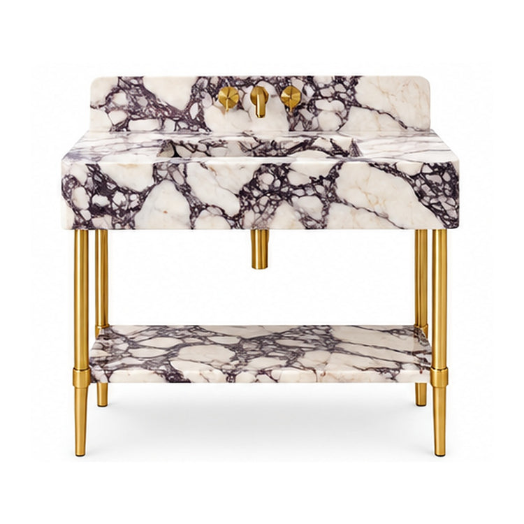 Calacatta Viola marble console sink vanity with straight backsplash, matching stone shelf and brass-finish legs, white background digital visualization