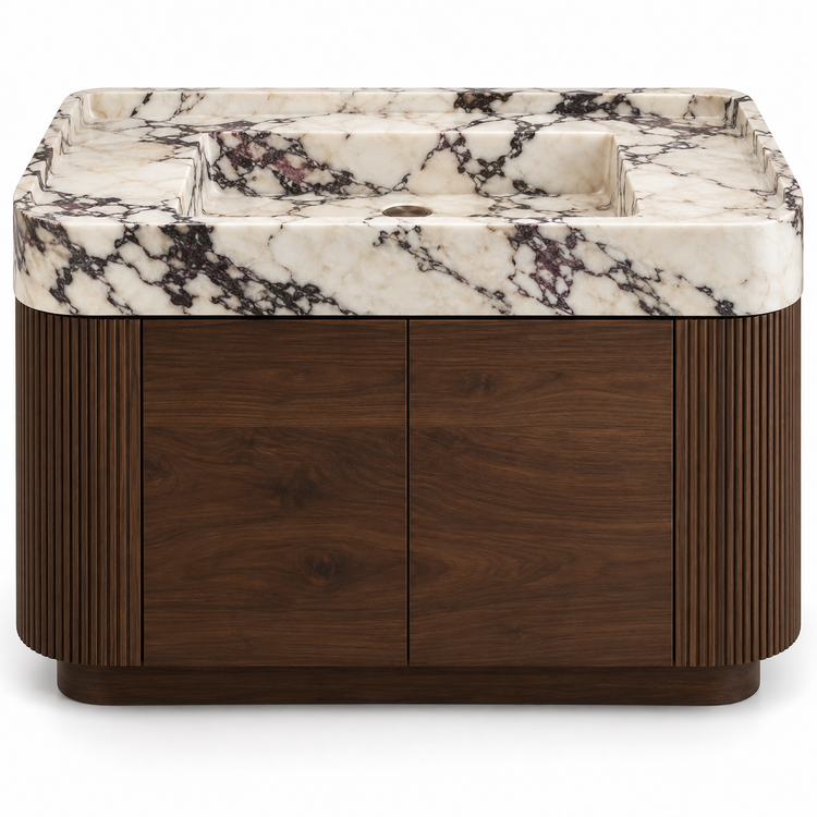 Calacatta Viola integrated sink with curved dark walnut vanity and fluted sides, front view