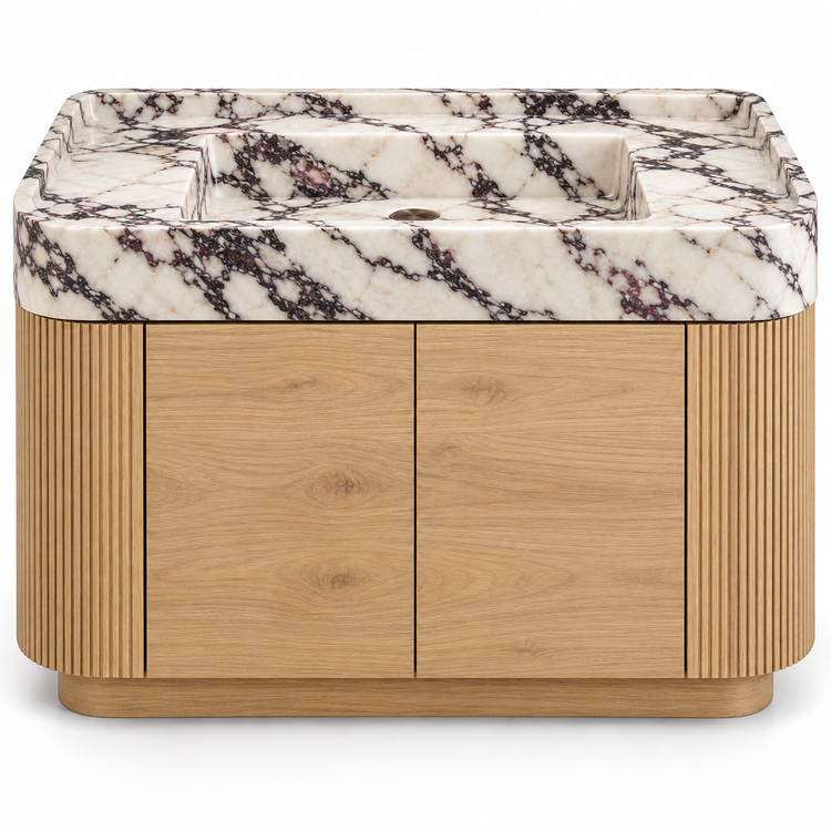 Calacatta Viola integrated sink with curved natural oak vanity and fluted sides, front view
