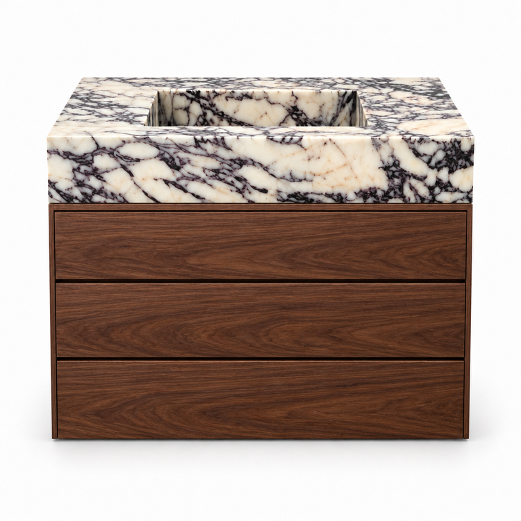 Calacatta Viola integrated stone sink with dark walnut three-drawer vanity, front view