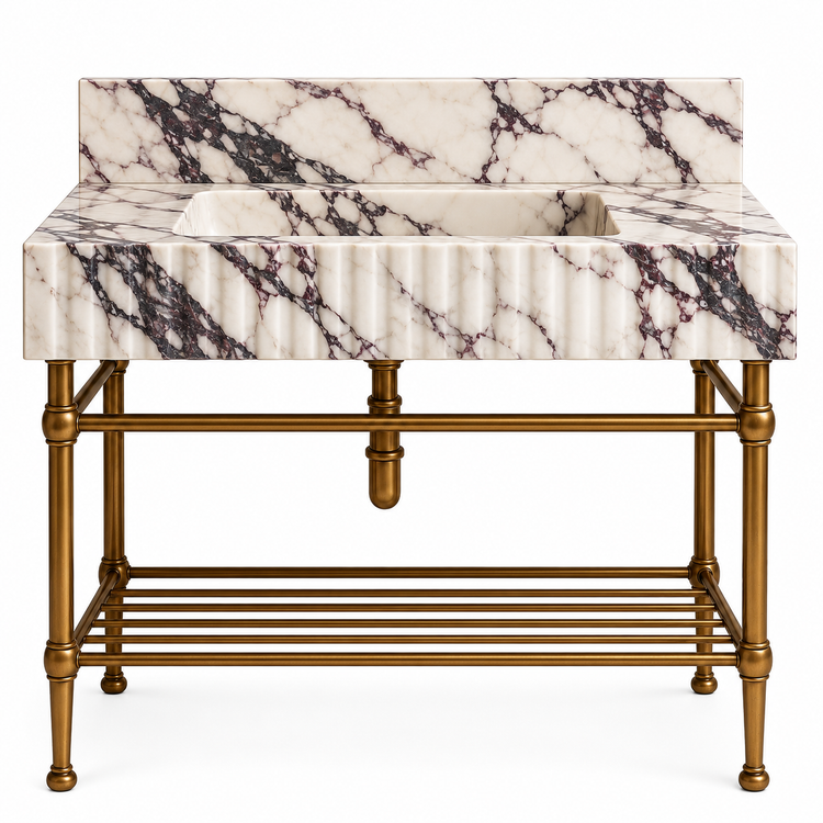 Calacatta Viola fluted console sink, backsplash and brass rack shelf, front view