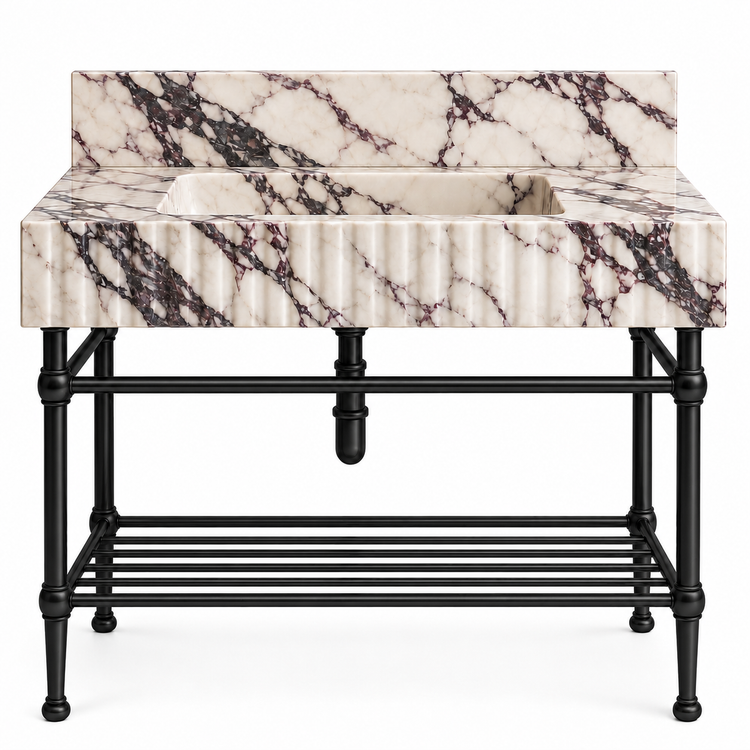 Calacatta Viola fluted sink with matte black console legs and lower shelf, front view