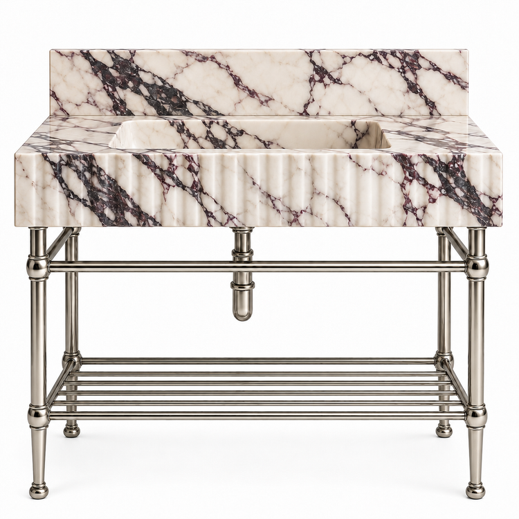 Calacatta Viola fluted console sink in Polished Nickel