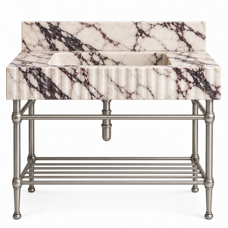 Calacatta Viola fluted console sink in Satin Nickel