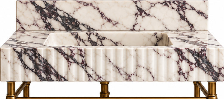 Calacatta Viola Marble Fluted Console Sink with Backsplash and Metal Legs and Rack Shelf - basin and stone apron detail
