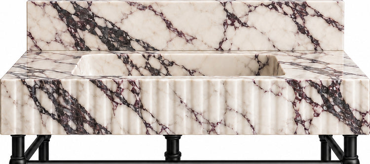 Calacatta Viola Marble Fluted Console Sink with Backsplash and Matte Black Legs - basin and stone apron detail