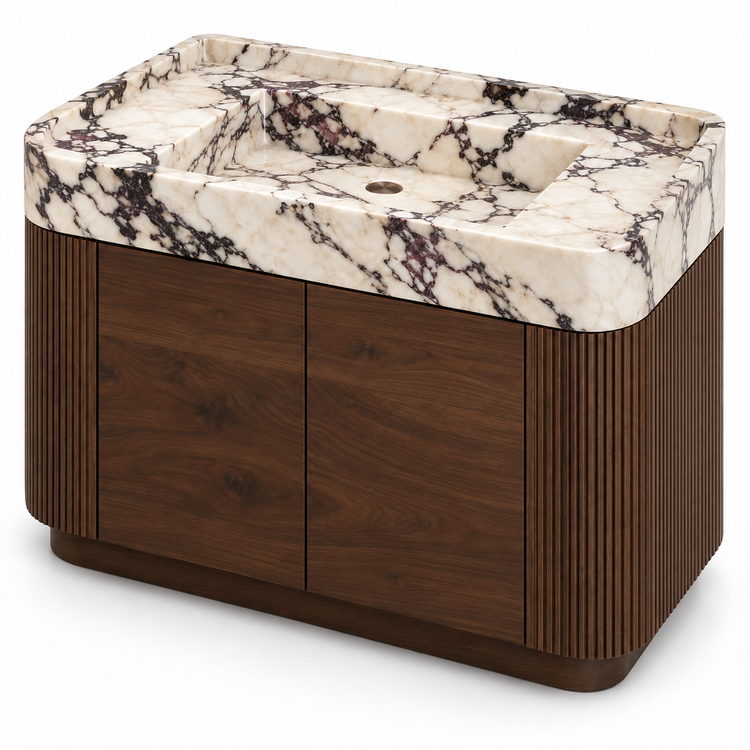Calacatta Viola Integrated Marble Sink with Curved Dark Walnut Vanity, alternate angle on white, design rendering