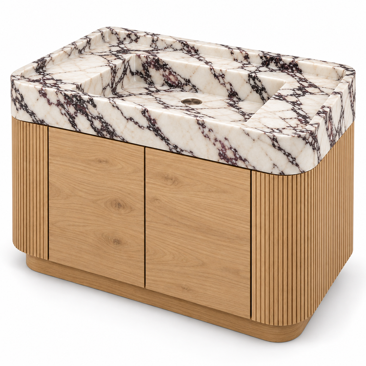 Calacatta Viola Integrated Marble Sink with Curved Oak Vanity, three-quarter view on white, design rendering