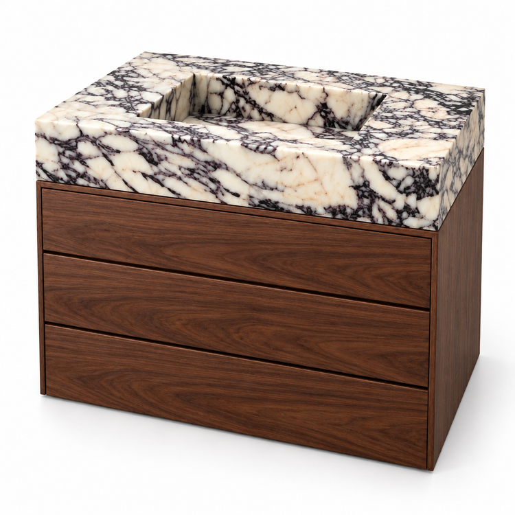 Calacatta Viola Integrated Marble Sink with Three-Drawer Dark Walnut Vanity, three-quarter view on white, design rendering