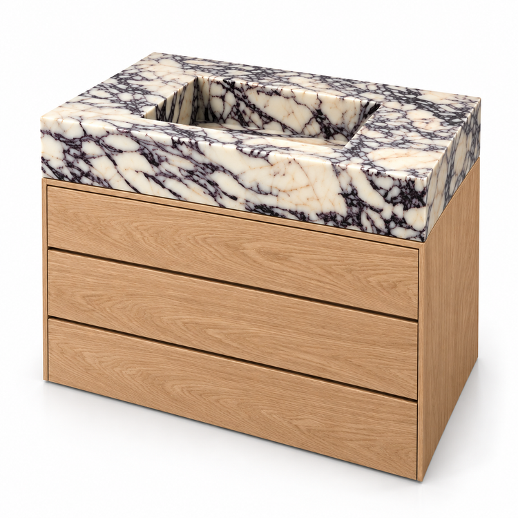 Calacatta Viola Integrated Marble Sink with Three-Drawer Oak Vanity, three-quarter view on white, design rendering