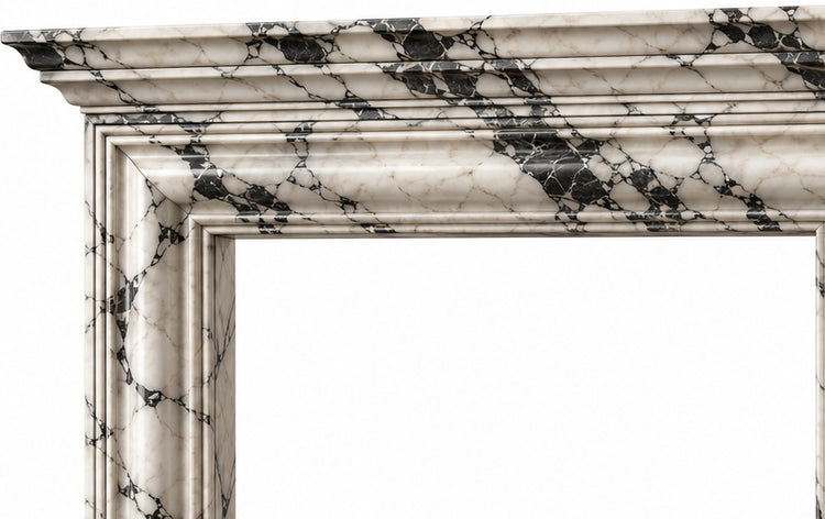 Calacatta Viola Layered Cornice Bolection Marble Fireplace Surround - upper mantel and carved profile detail