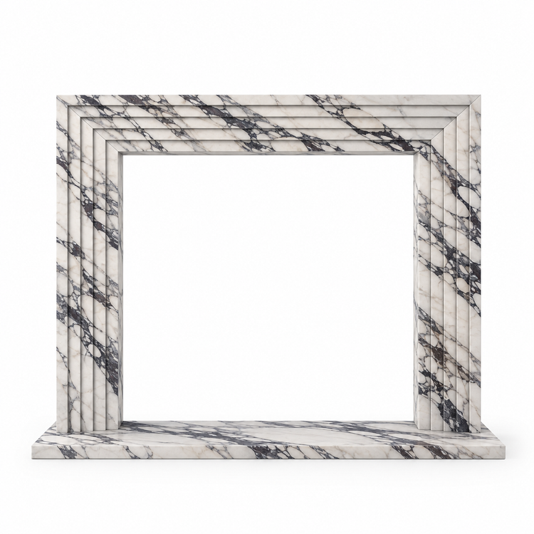Calacatta Viola Linear Stepped Marble Fireplace Surround with Hearth on white background