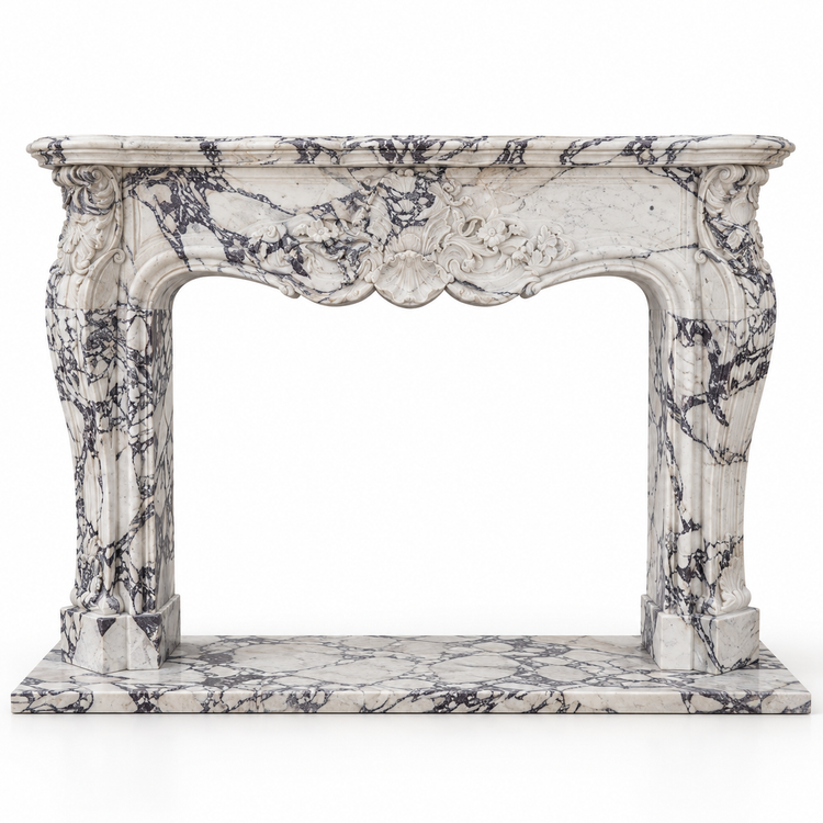 Calacatta Viola Louis XV Carved Marble Fireplace Mantel with Hearth on white background
