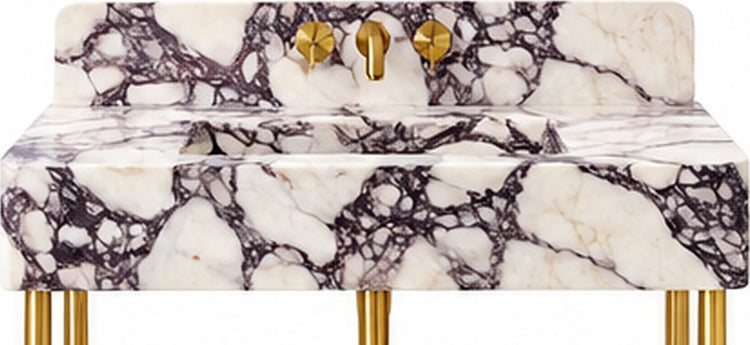 Calacatta Viola Marble Console Vanity with Brass Legs, Shelf & Backsplash - basin and stone apron detail