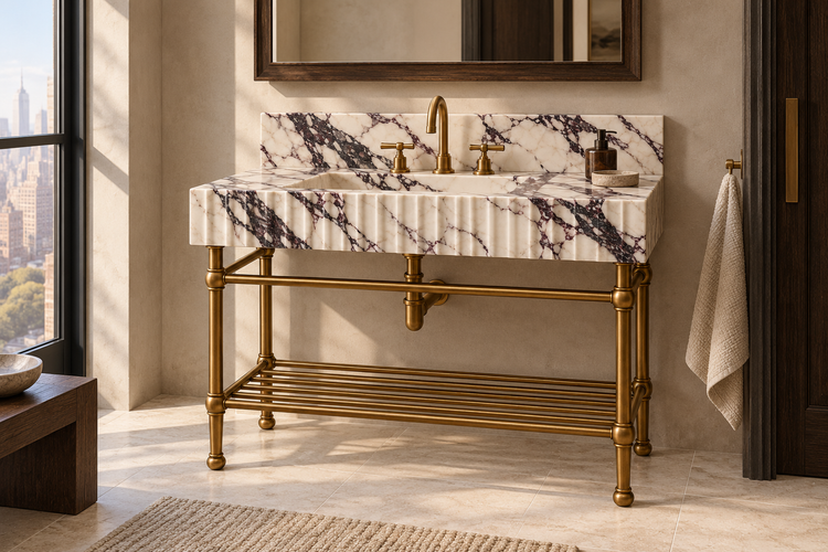Calacatta Viola Marble Fluted Console Sink with Backsplash and Metal Legs and Rack Shelf, installed room hero, lifestyle design rendering