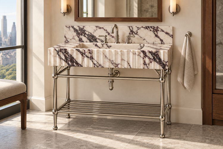 Calacatta Viola Marble Fluted Console Sink with Backsplash and Nickel Legs, installed room hero, lifestyle design rendering