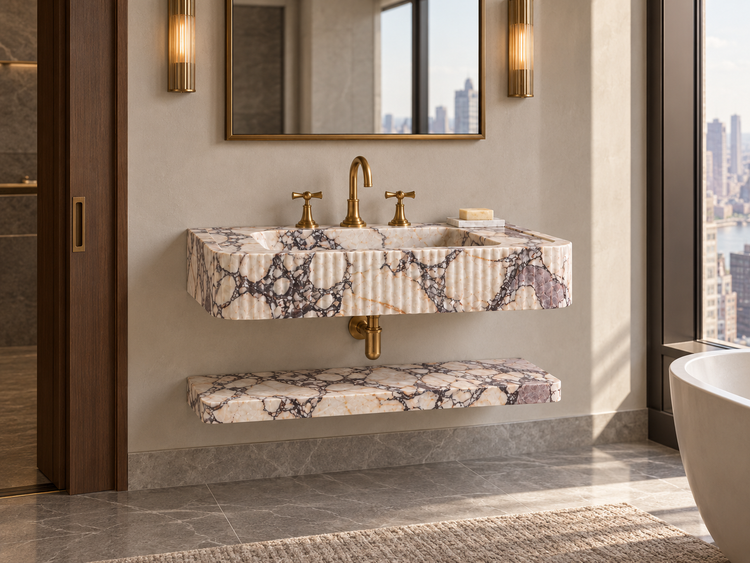 Calacatta Viola Marble Sink with Shelf, installed room view (design rendering)
