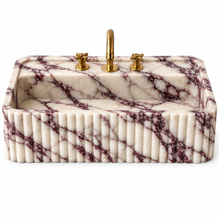 Calacatta Viola Marble rounded fluted bathroom sink, illustrative rendering
