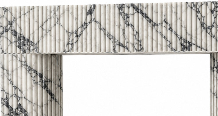 Calacatta Viola Sculptural Reeded Marble Fireplace Surround - upper mantel and carved profile detail