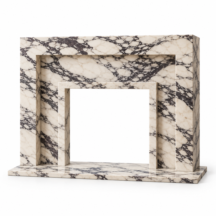 Calacatta Viola Stepped Portal Marble Fireplace Surround with Hearth on white background