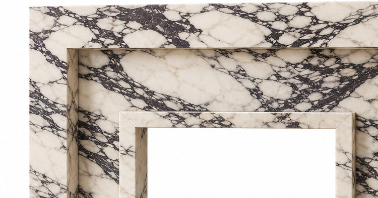Calacatta Viola Stepped Portal Marble Fireplace Surround with Hearth - upper mantel and carved profile detail