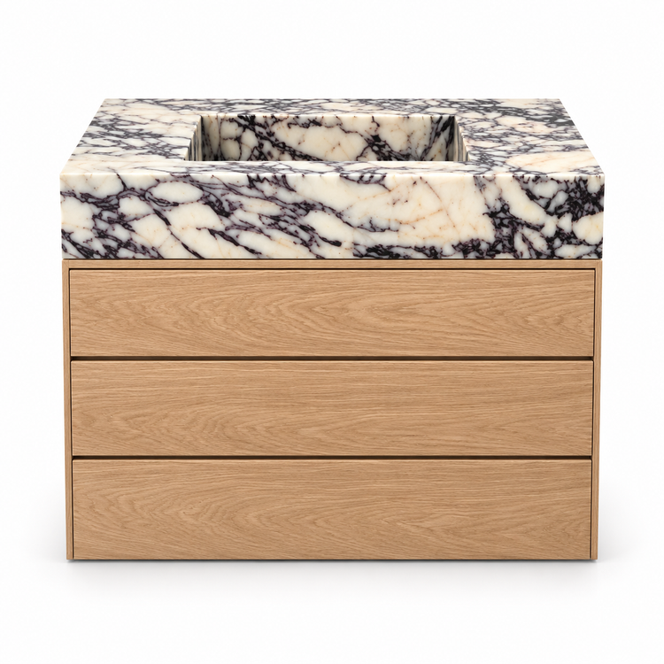 Calacatta Viola integrated sink and oak three-drawer vanity, front view