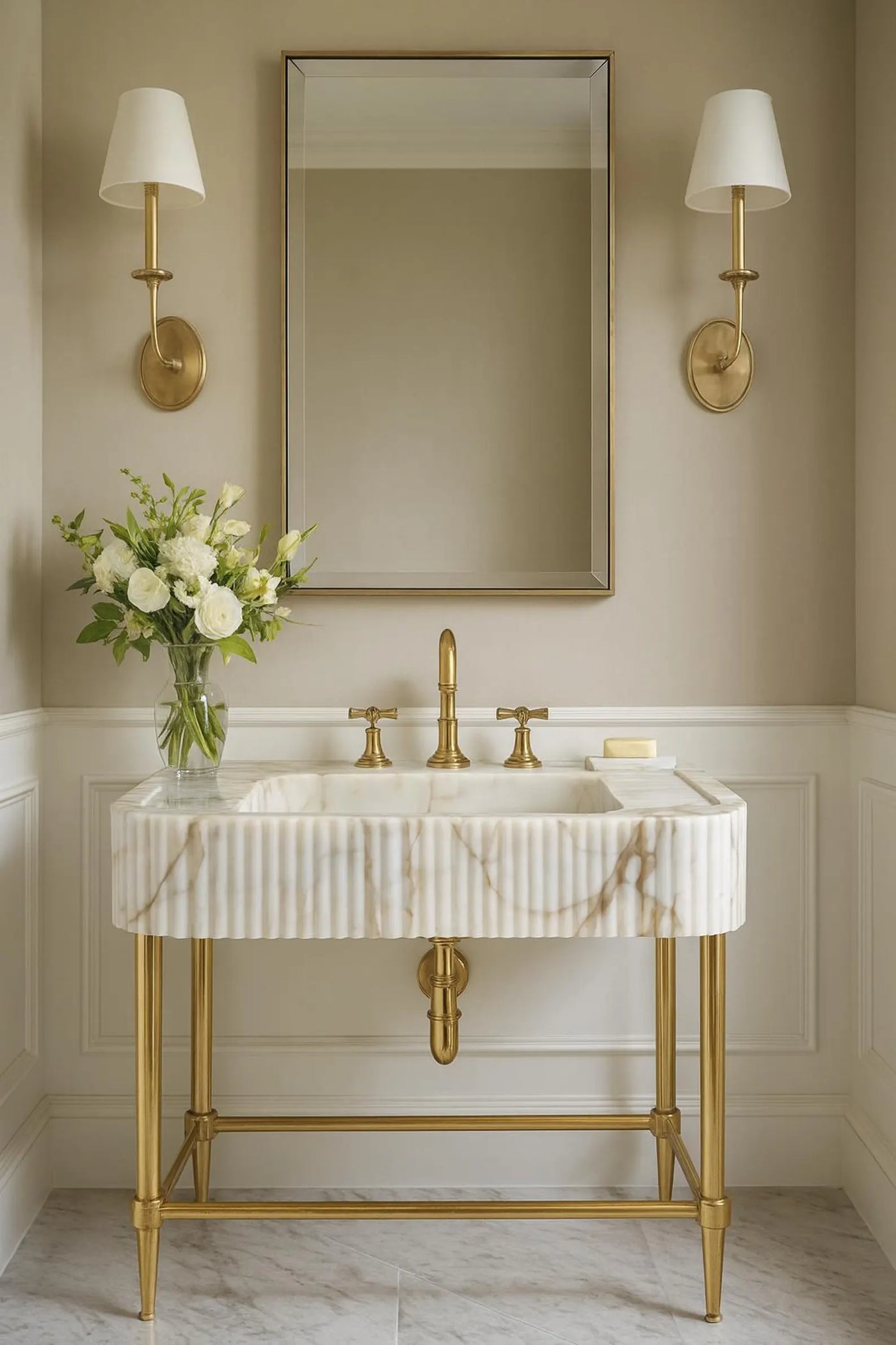 Bathroom vanity with marble sink, gold fixtures, and wall sconces.