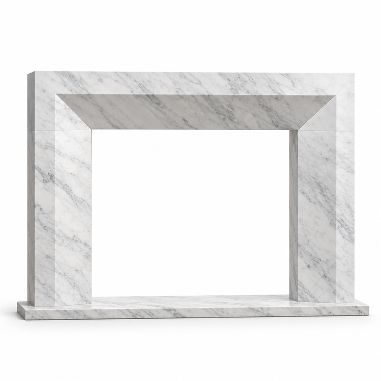 Carrara Chamfered Frame Marble Fireplace Surround with Hearth on white background