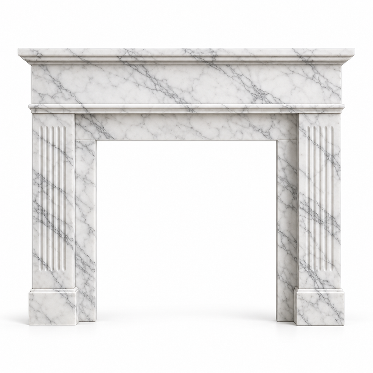 Carrara Classic Fluted Marble Fireplace Mantel on white background