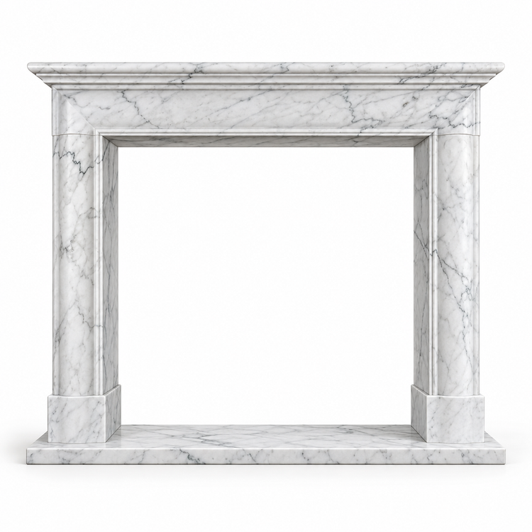 Carrara Classic Shelf Bolection Marble Fireplace Mantel with Hearth on white background
