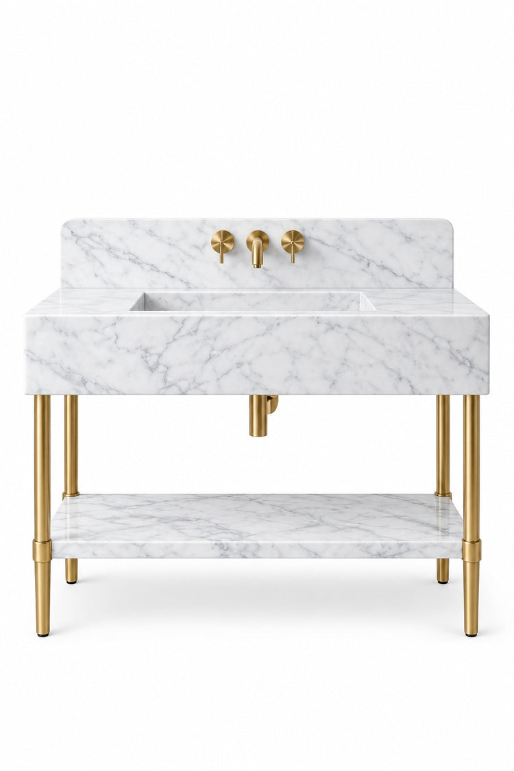 Carrara White marble console bathroom vanity with straight backsplash, matching marble shelf and brass finish legs, white background digital design visualization