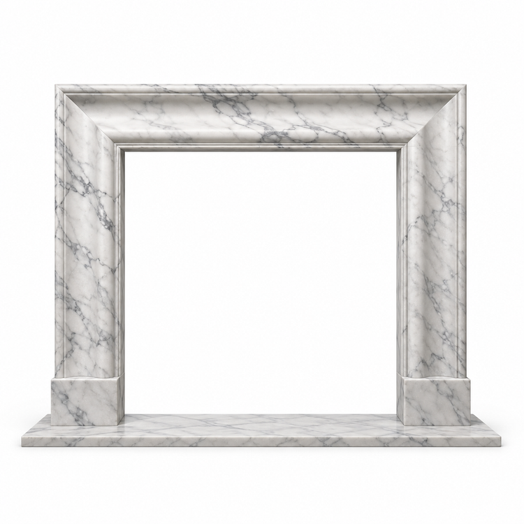 Carrara Coved Frame Marble Fireplace Mantel with Hearth on white background