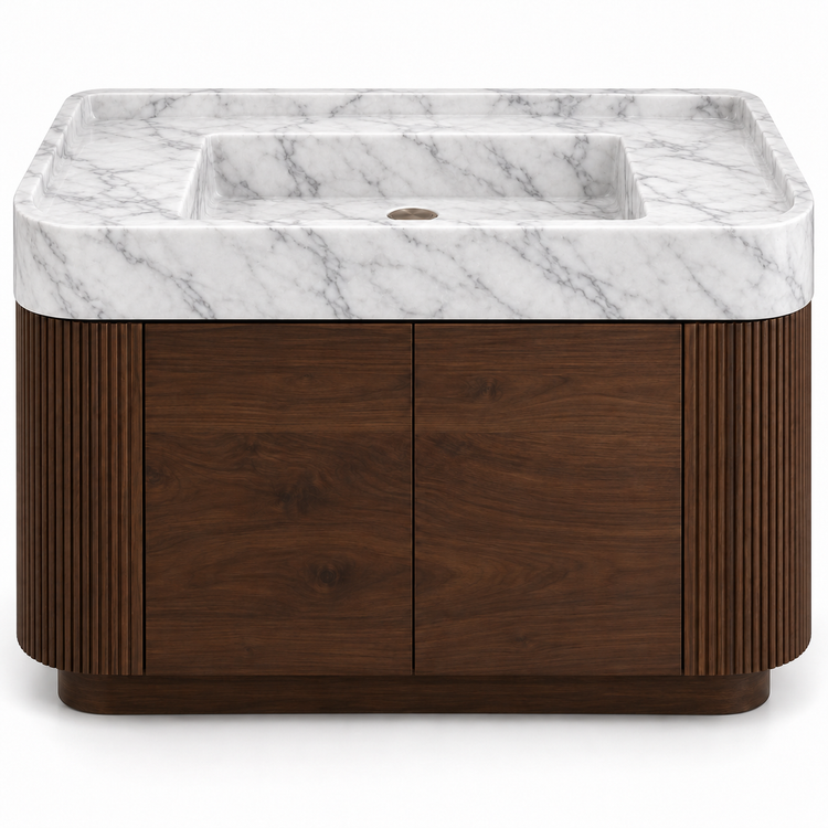 Carrara integrated sink with curved dark walnut vanity and fluted sides, front view