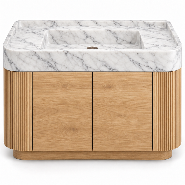 Carrara integrated sink with curved natural oak vanity and fluted sides, front view